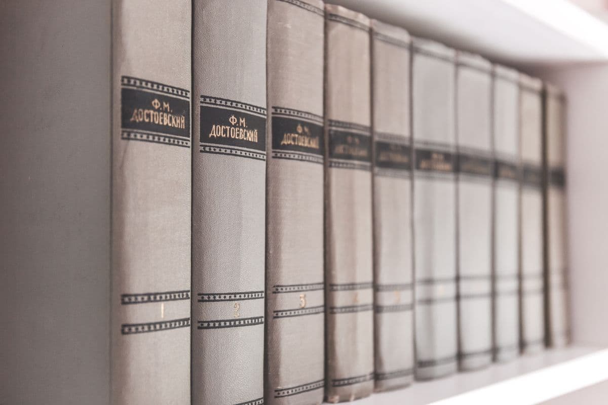 Encyclopedias on a library shelf