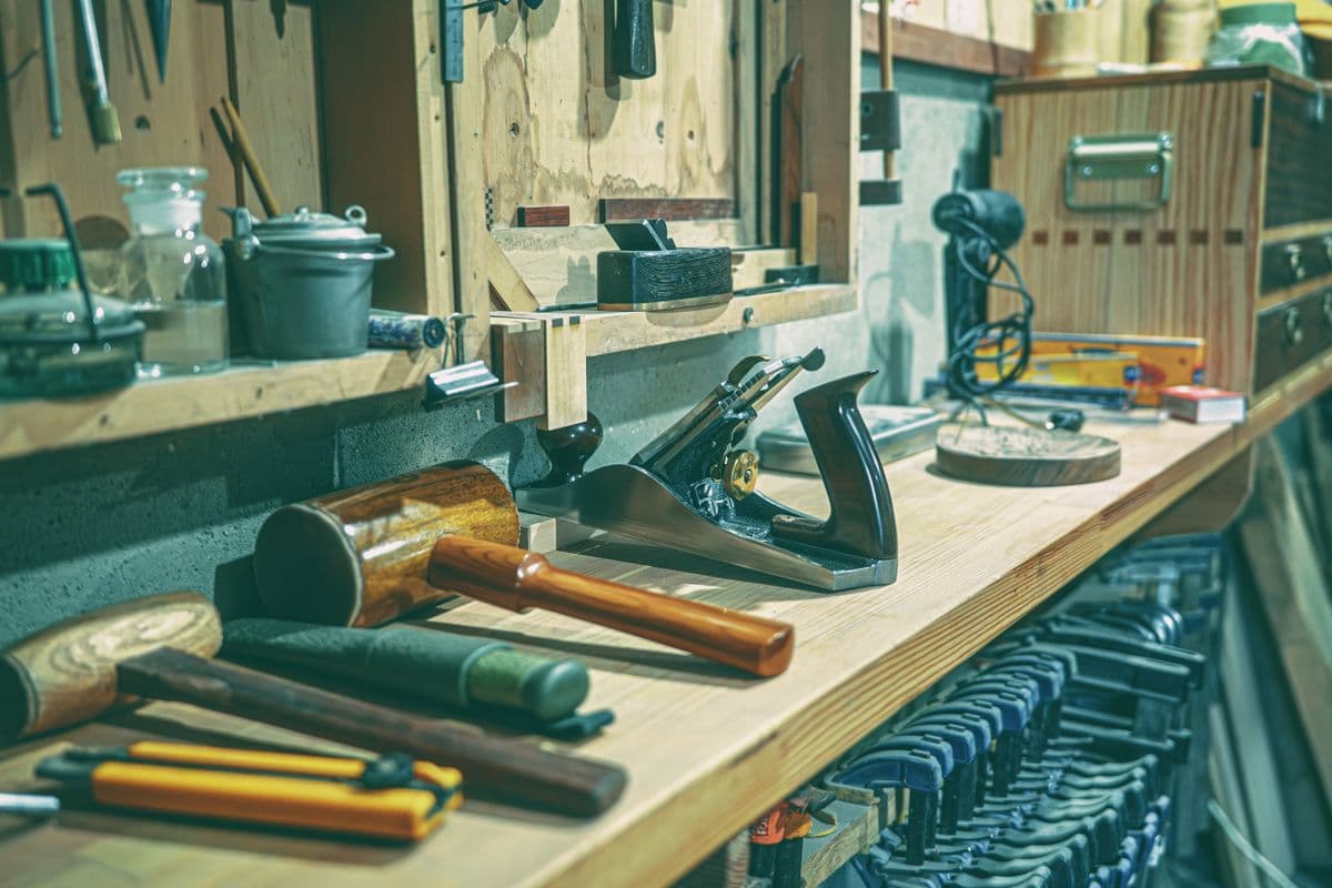 A workbench with hand tools